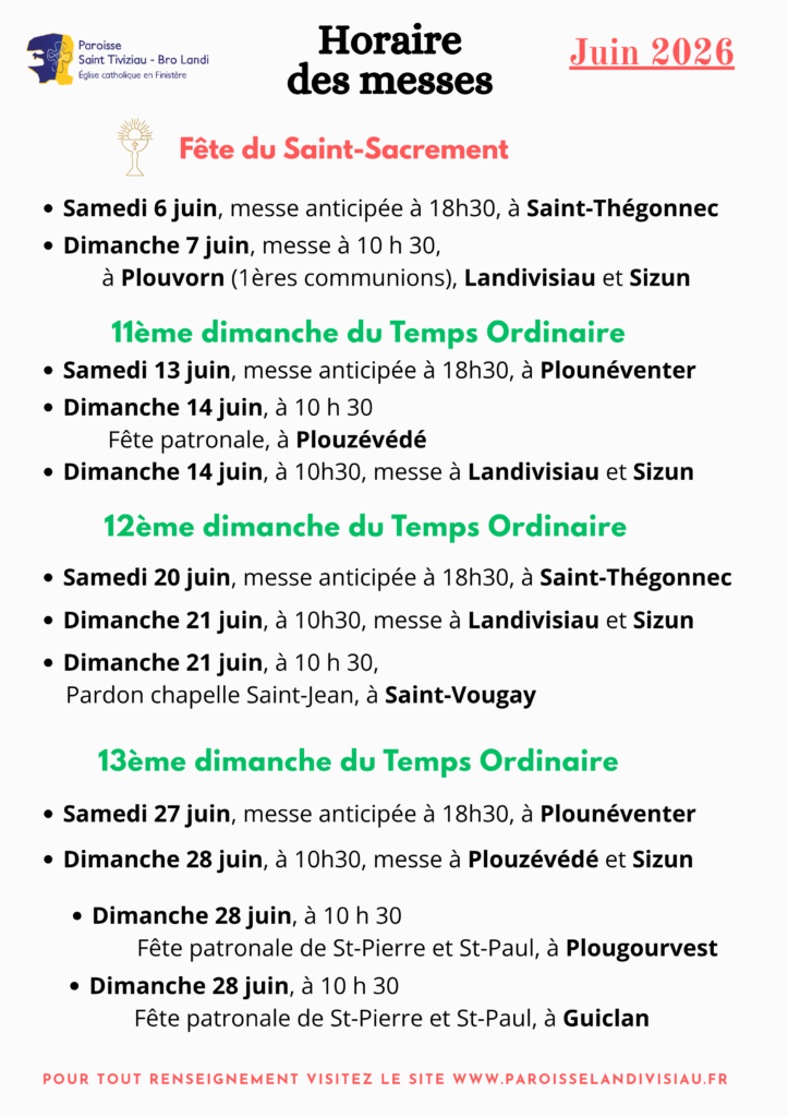 MAJ – Horaires des messes – mois de Juin