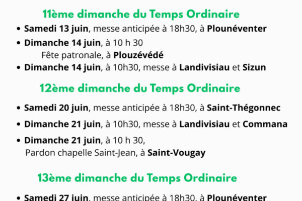 Horaires des messes – mois de Juin