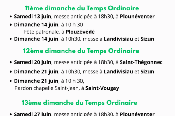 MAJ – Horaires des messes – mois de Juin