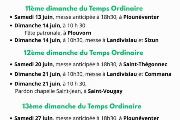 Horaires des messes – mois de Juin